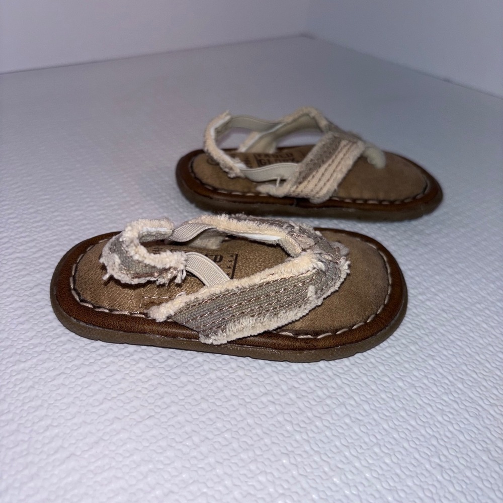 Faded Glory Infant Sandals Size 3 Brown Canvas Neutral Thong Style Shoes